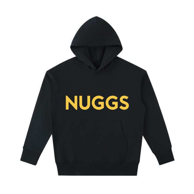 A black pullover hoodie with the word 'NUGGS' printed in bold yellow letters across the chest, displayed on a clean white background.