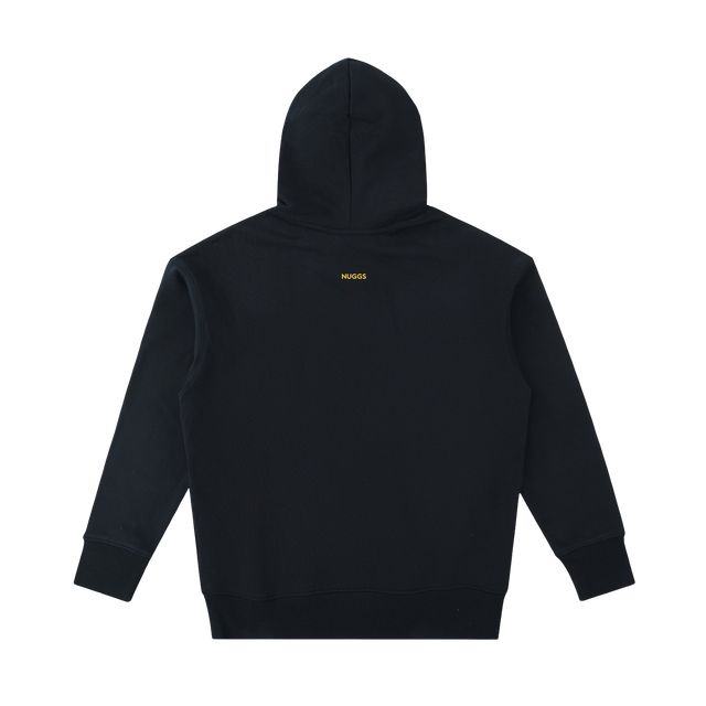 A black pullover hoodie shown from the back, featuring a small yellow 'MUSES' logo centered below the neckline, set against a plain white background.