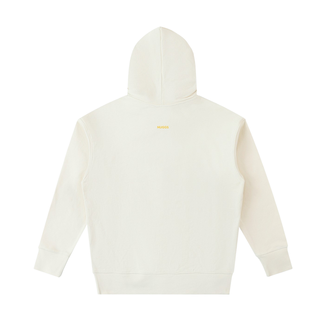 back of white pokerface hoodie on a white background with nuggs emblem on the upper back
