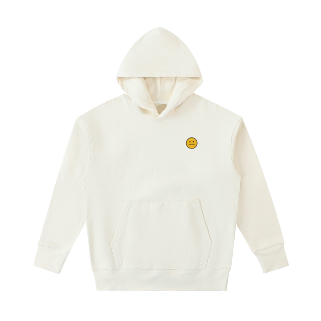 An off-white hooded sweatshirt with a small yellow smiley face graphic on the left chest, displayed against a solid white background.
