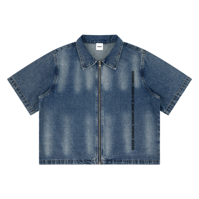 Distressed Full-Zip Denim Shirt