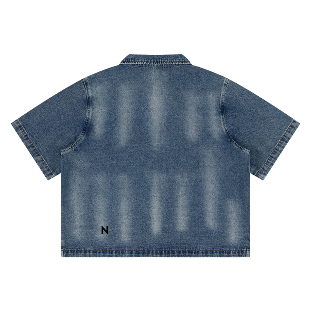 Distressed Full-Zip Denim Shirt