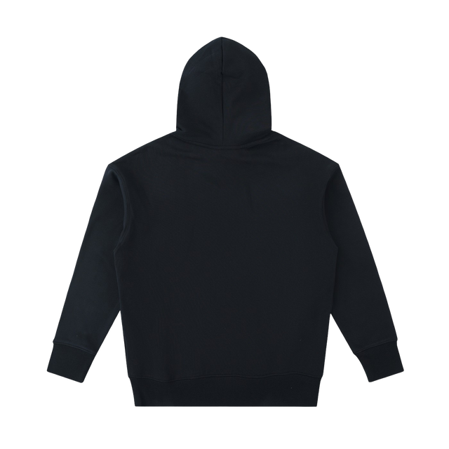 A black hooded sweatshirt shown from the back, featuring a solid black color and ribbed cuffs and hem, photographed on a clean white background.