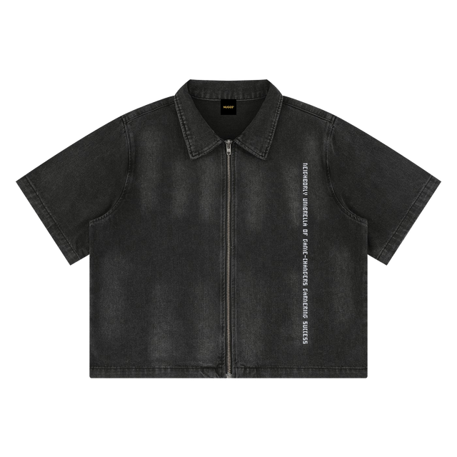 Distressed Full-Zip Denim Shirt
